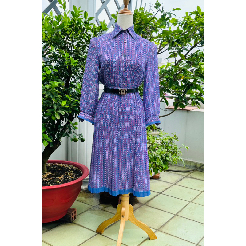 Cocomilan. Đầm vintage xếp ly họa tiết chấm tím, chất liệu voan. Hàng Si Nhật.