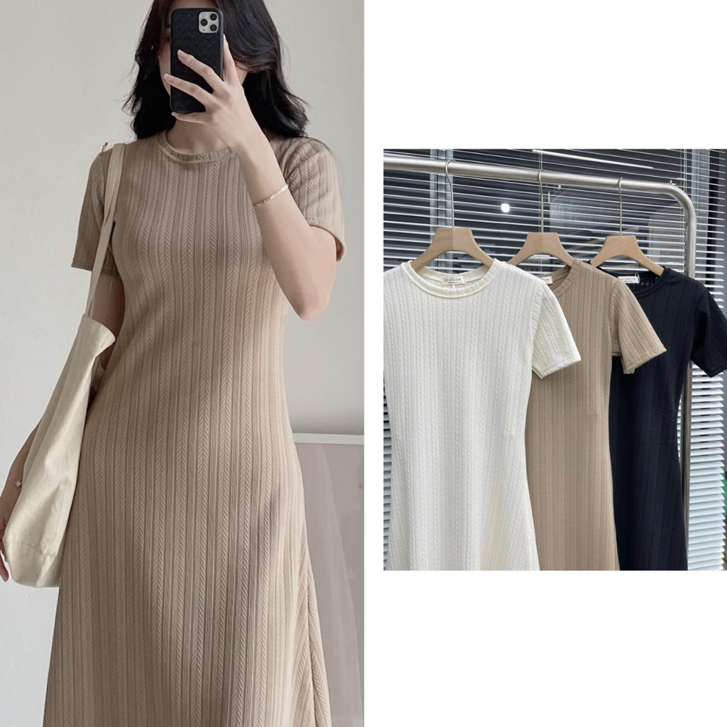 Váy midi thun gân dáng dài Hàn Quốc gân chìm Hari GenZ 87551