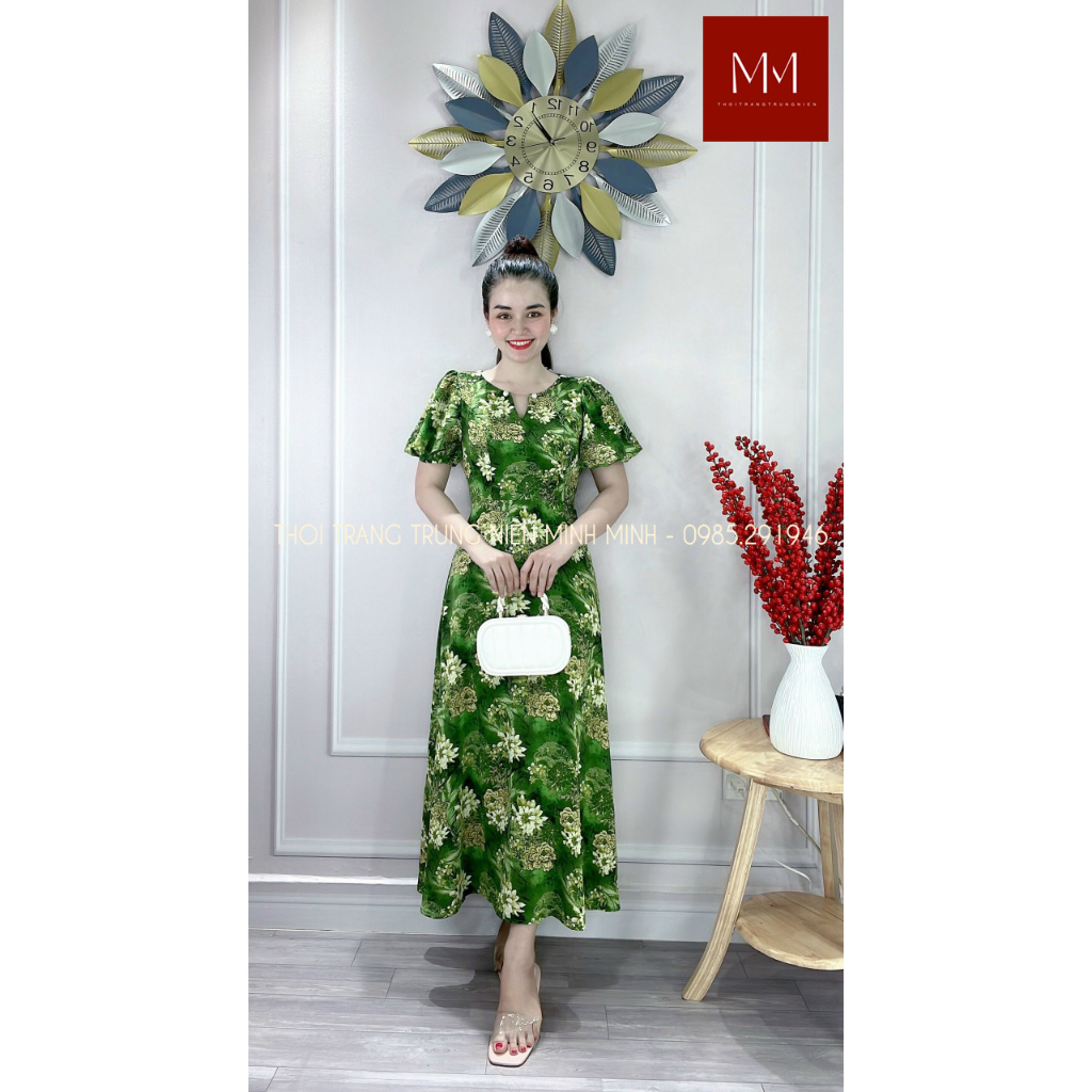 Đầm lụa maxi hoạ tiết hoa, tay bồng trang nhã