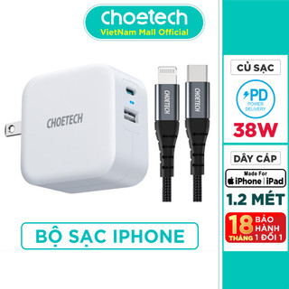 Bộ củ sạc choetech qc 3.0 & pd 38w pd5002-w + cáp type c to lightning mfi 1.2m ip0039 sạc nhanh iphone -hàng chính hãng