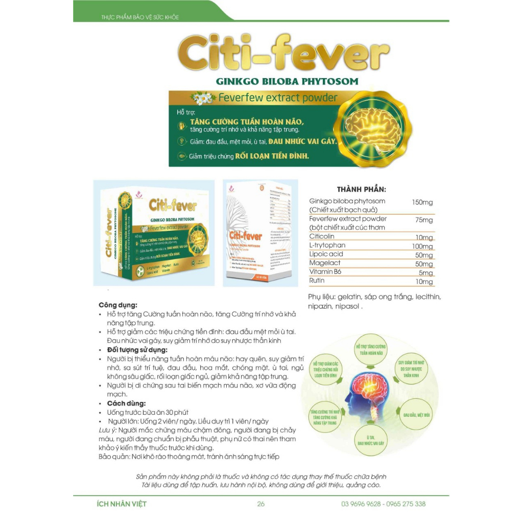 Citi - Fever Tăng cường tuần hoàn não, giảm đau nhức vai gáy, rối loạn tiền đình Hộp 30 viên
