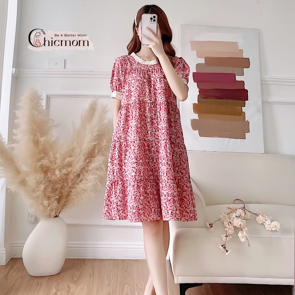 Váy bầu Chicmom hoa nhí cổ ren mùa hè ngắn tay thiết kế xinh xắn Vintage V102