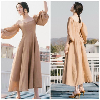 Đầm cổ vuông kem tay phồng form dài (kèm hình thật)