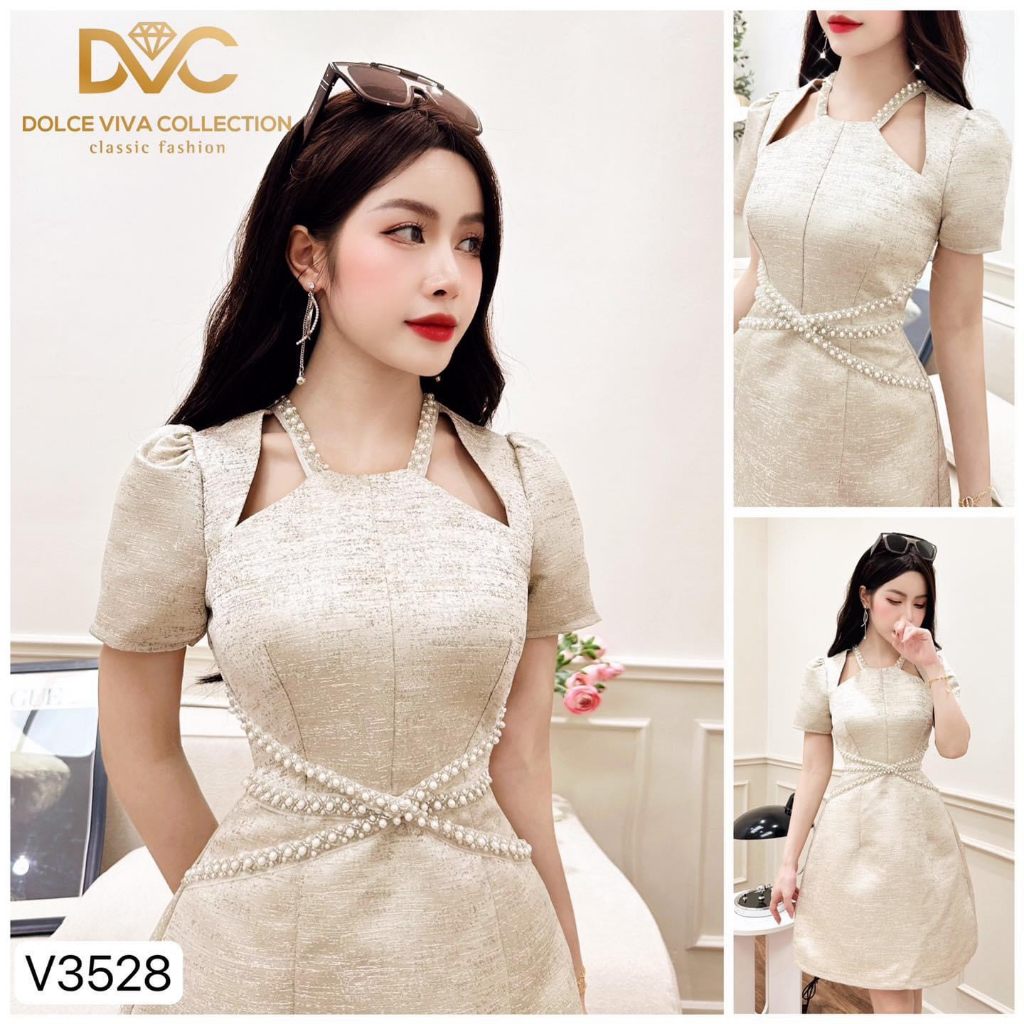 V3528 váy tafta ghi ánh bạc cổ yếm đính ngọc nhân tạo  váy đầm dáng A ngắn tafta
