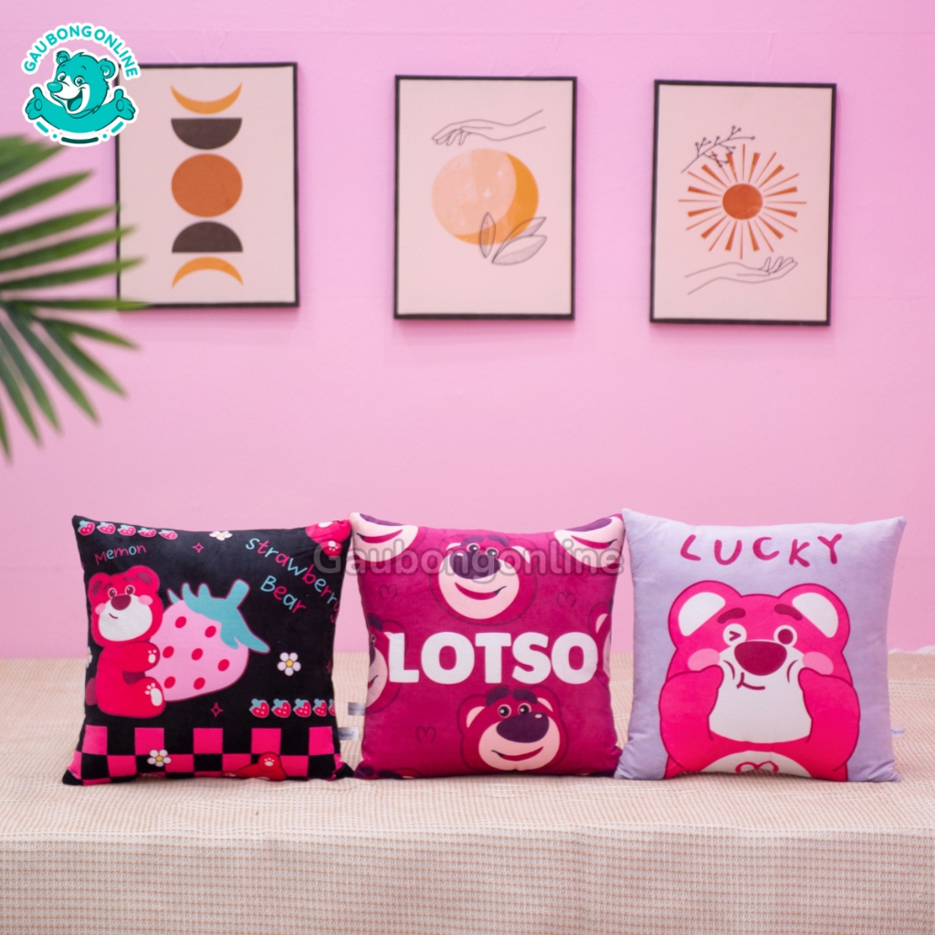 Gối Vuông Lotso In Hình, Gấu Lotso Dâu Nhồi Gòn Nhiều Mẫu Dễ Thương, Gấu Bông Online Cao Cấp