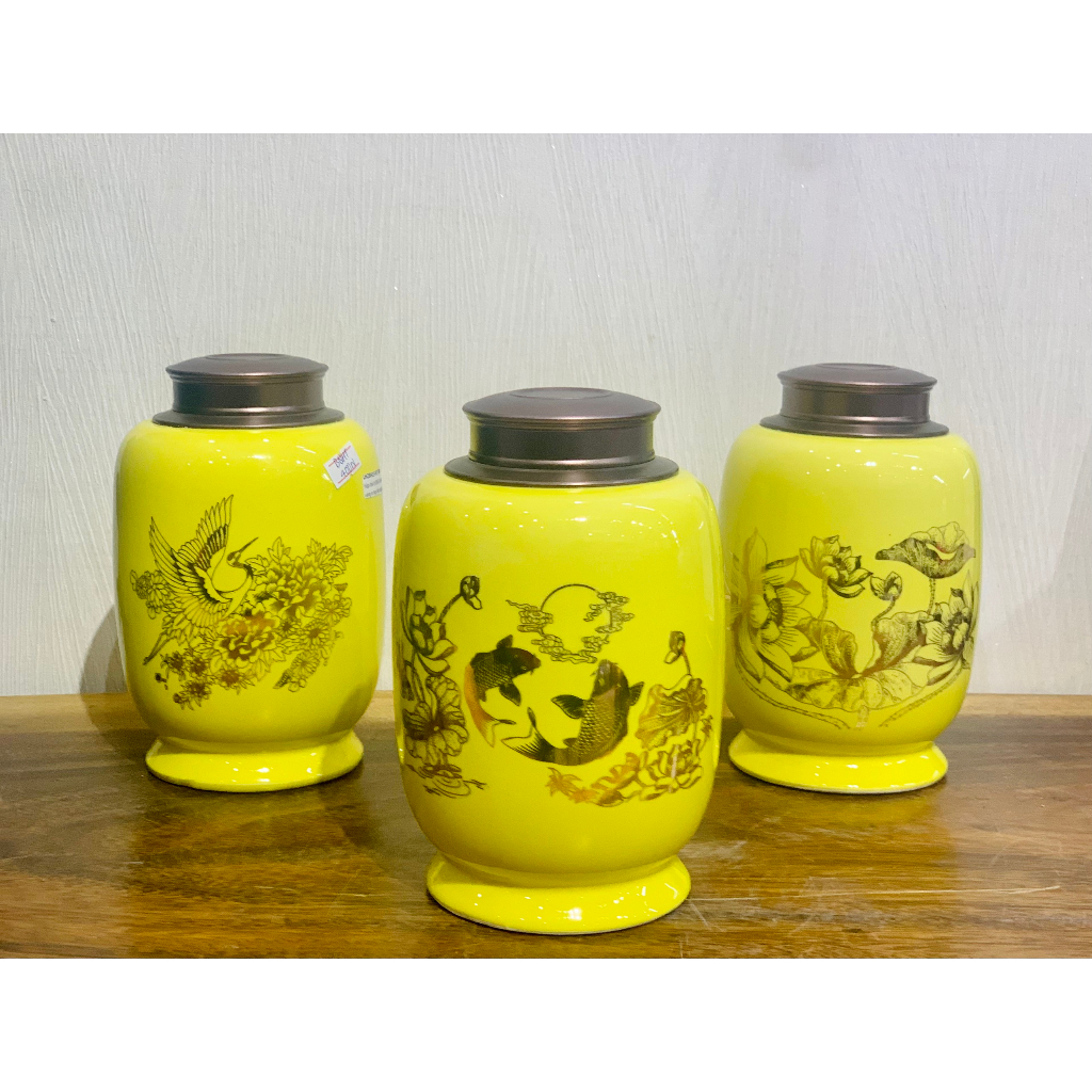Hũ đựng trà gốm sứ bát tràng cao cấp, bình đựng trà sứ bát tràng vẽ vàng kim, lọ đựng chè khô