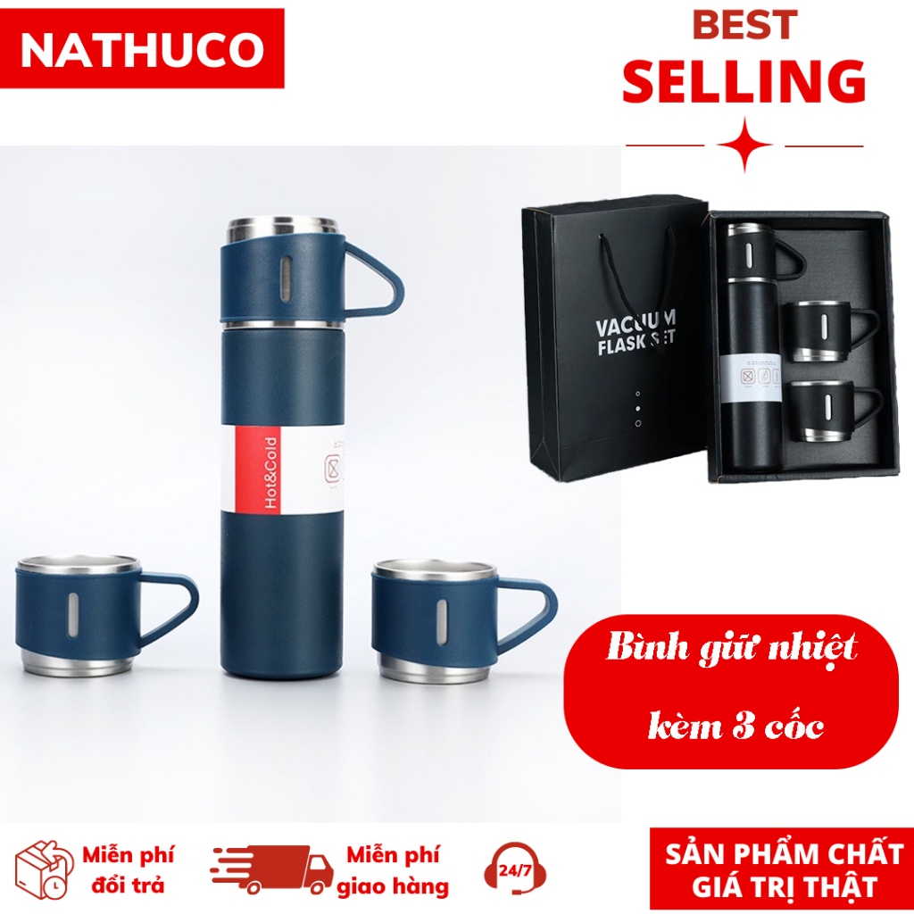 Set Bình Giữ Nhiệt Inox Kèm 3 Cốc, Bình Trà Tam Cốc, Bình giữ nhiệt nóng lạnh >12h