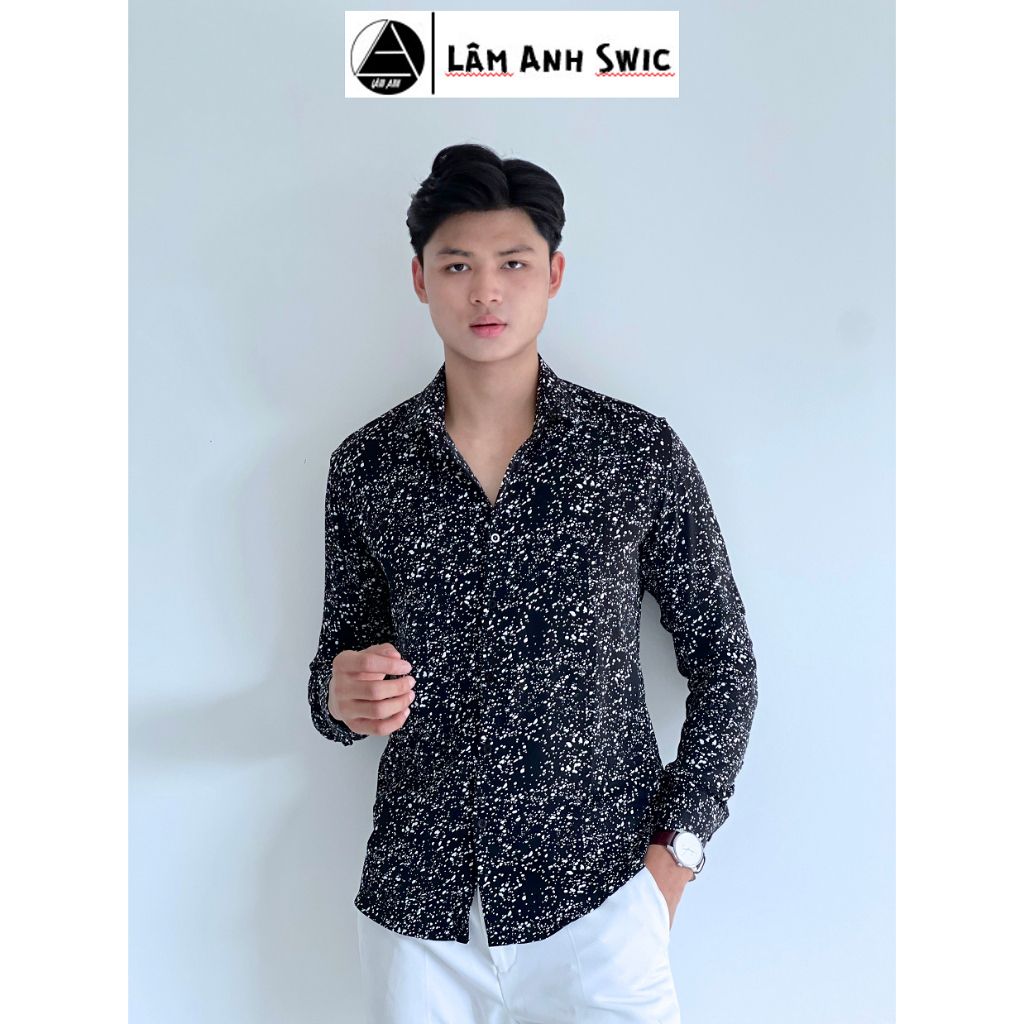 Áo sơ mi nam Lâm Anh Swic vải lụa không nhăn, dài tay họa tiết chấm nhỏ, thấm hút tốt