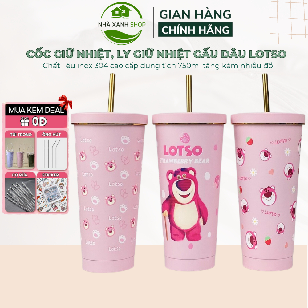 Ly giữ nhiệt, cốc giữ nhiệt gấu dâu LOTSO, dung tích 750ml chất liệu inox 304 giữ nhiệt từ 8-12 giờ tặng kèm ống hút túi