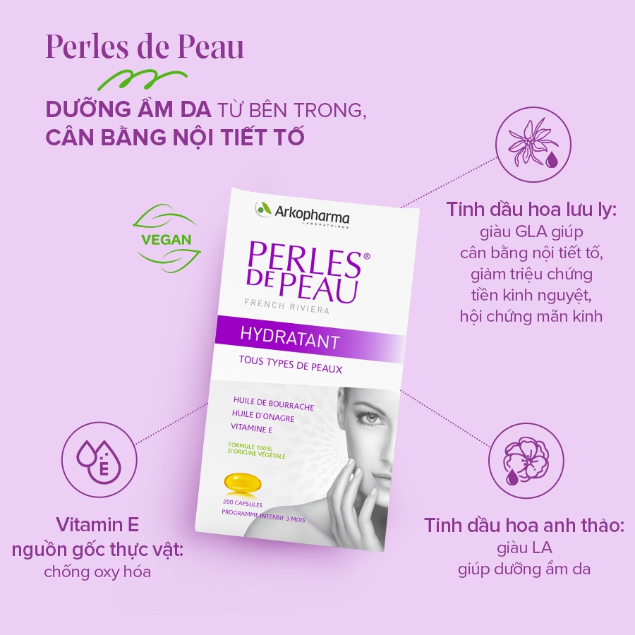 Viên uống đẹp da hoa anh thảo Arkopharma Perles de Peau Hydratant 200viên/hộp