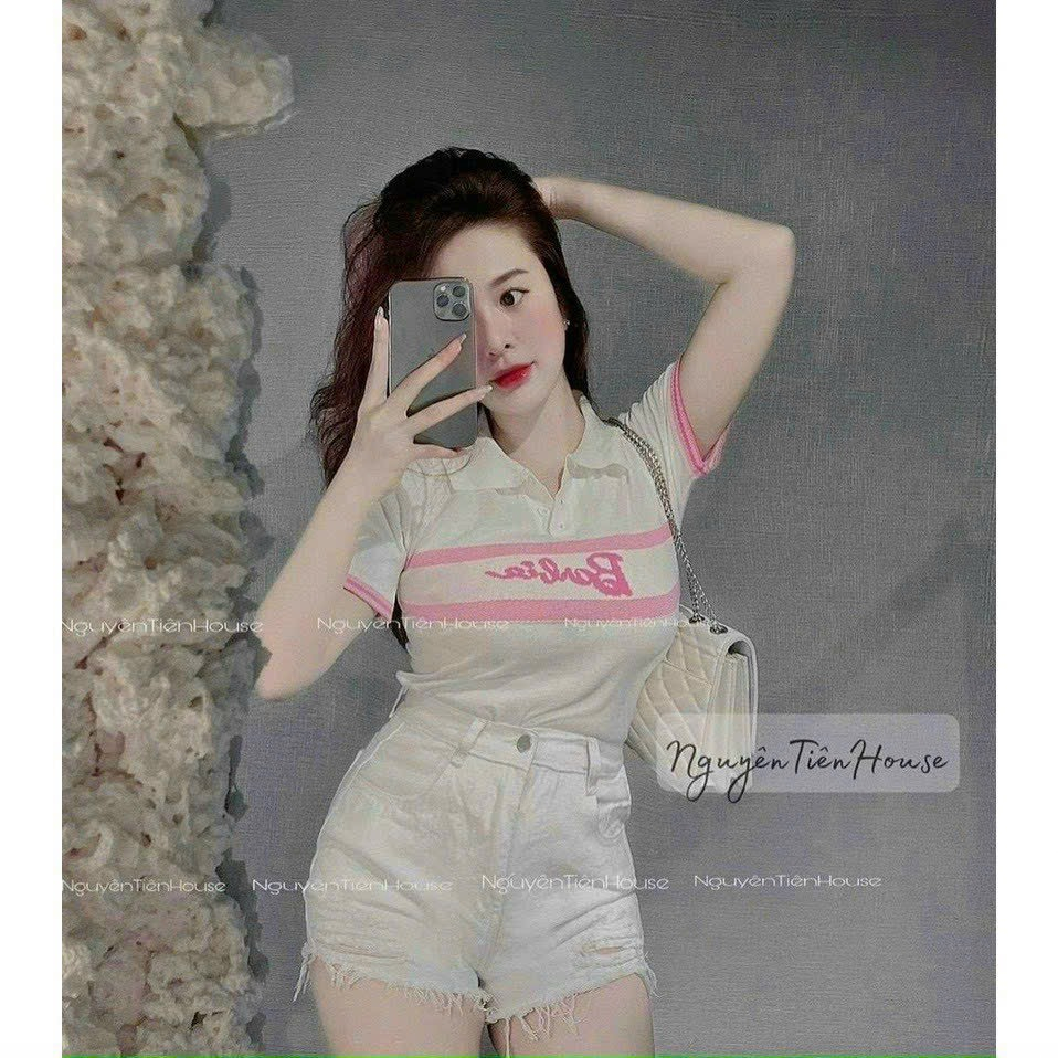 Áo thun nữ đi chơi mặc nhà tay ngắn kiểu cổ bẻ gài nút thêu chữ babie xinh hot