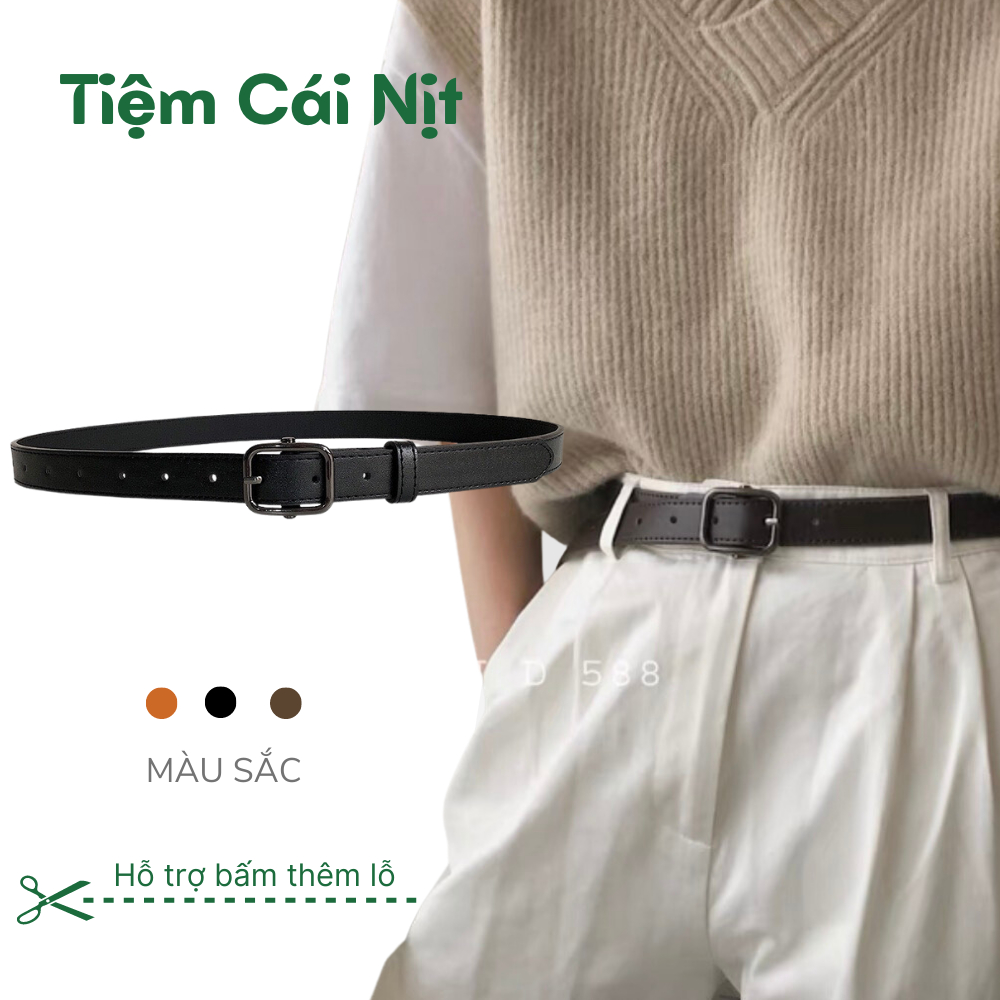 Thắt lưng nam nữ bản nhỏ mặt đen bóng may viền TLN018 - Dây Nịt mặt đen cá tính học sinh thời trang 