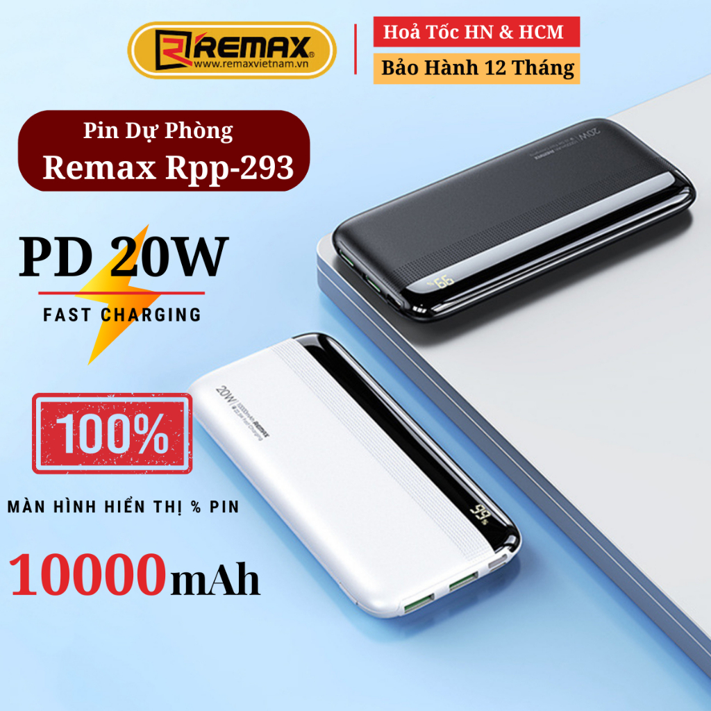 Pin Sạc Dự Phòng 10000mAh, Sạc Nhanh 22.5W Remax Việt Nam RPP-293 - Bảo Hành 12 Tháng Lỗi 1 Đổi 1