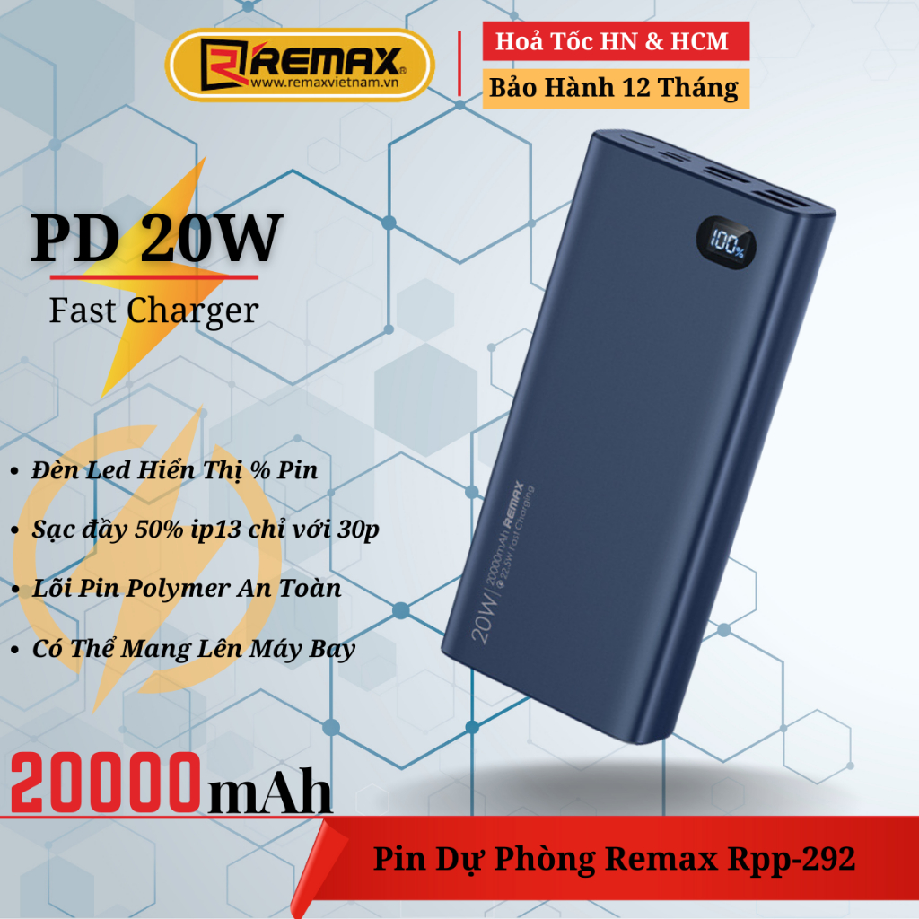 Pin Sạc Dự Phòng 20000mAh Sạc Nhanh 22.5W Remax RPP-292 Sạc 4 Thiết Bị Cùng Lúc - Remax Bảo Hành 12 Tháng