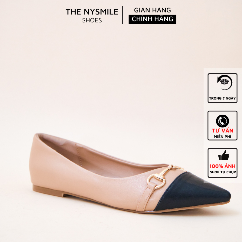 Giày búp bê 1 phân mũi nhọn phối đen khóa ngang - The NySmile - SOLY