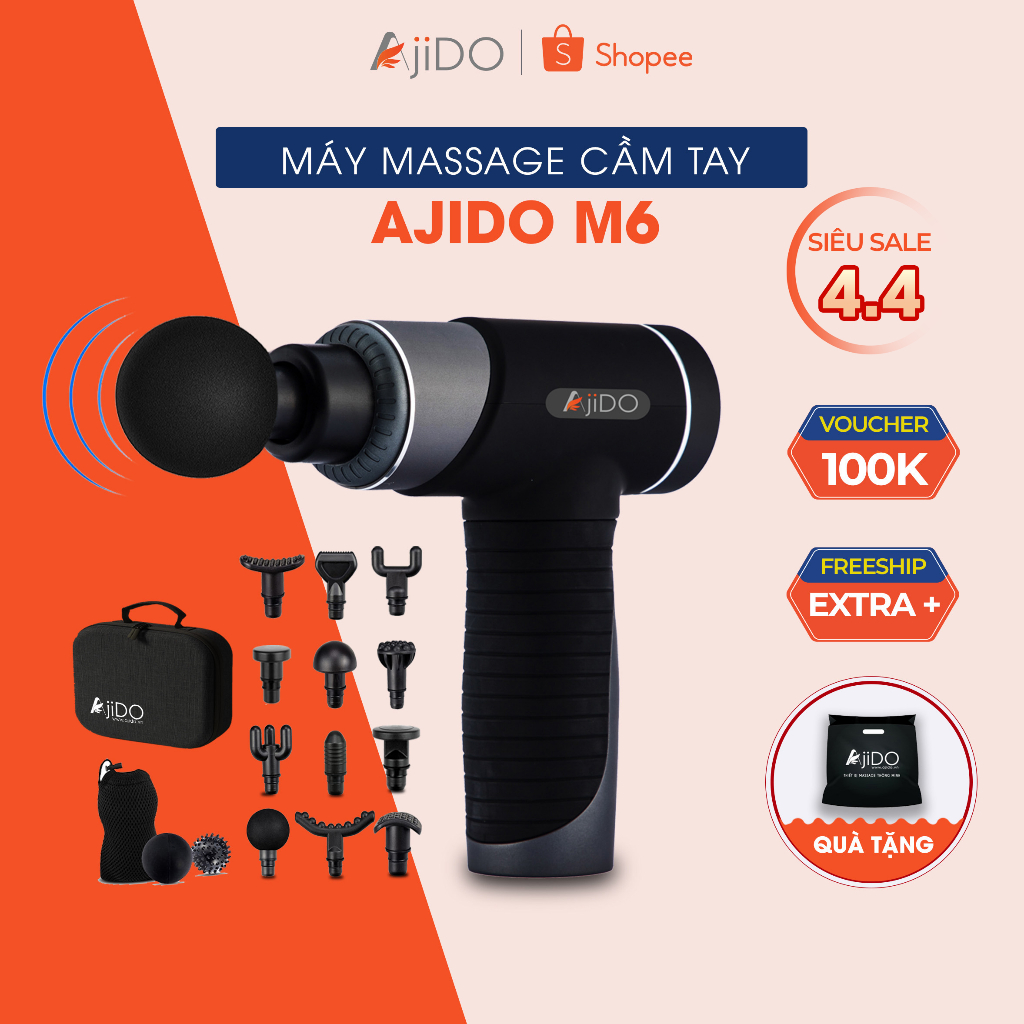 Máy Massage Cầm Tay AJIDO AJ - M6, 17 Đầu Thay Thế, 30 Cấp Độ - Mát Xa Toàn Thân Giãn Cơ, Đấm Lưng, Cổ Vai Gáy