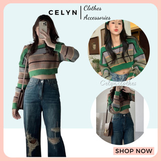 Áo len kẻ ngang cổ rộng dáng croptop Celyn.clothes