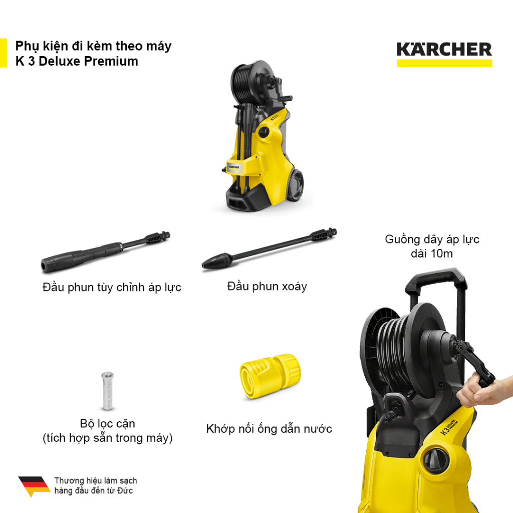 Máy xịt rửa xe Karcher K3 deluxe premium động cơ từ công suất 1600w áp lực 20-120 bar, lưu lượng nước 380l/h màu vàng