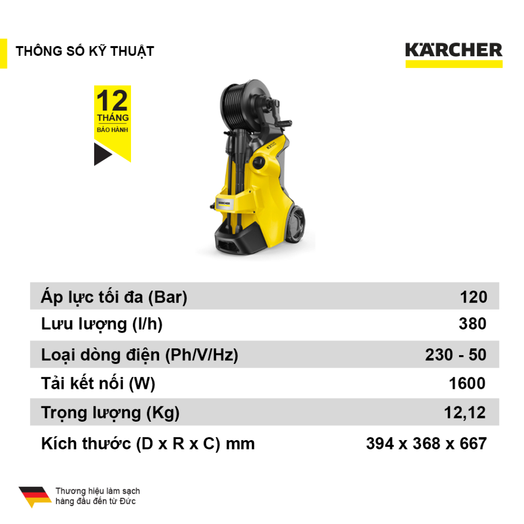 Máy xịt rửa xe Karcher K3 deluxe premium động cơ từ công suất 1600w áp lực 20-120 bar, lưu lượng nước 380l/h màu vàng