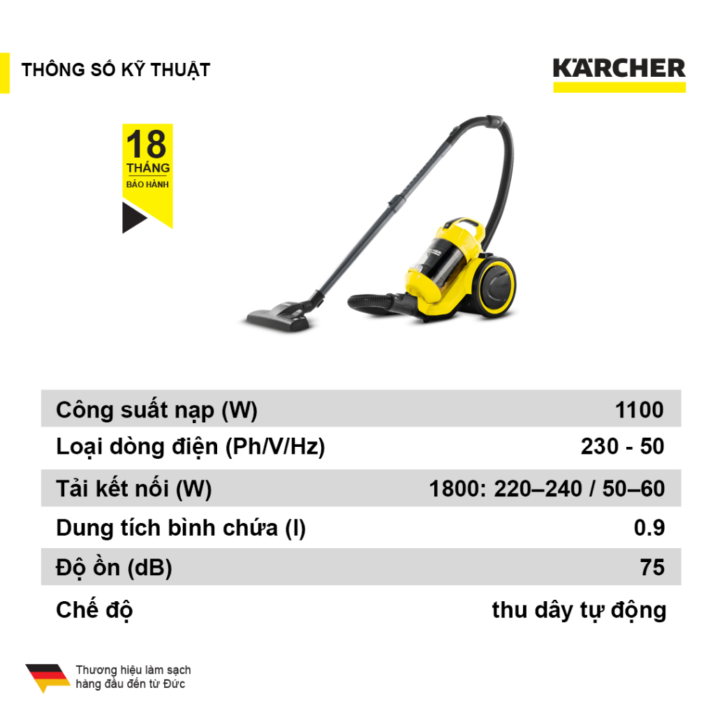 Máy hút bụi khô không dùng túi lọc bụi Karcher VC 3 Plus công suất 1100w màu vàng - bảo hành 18 tháng