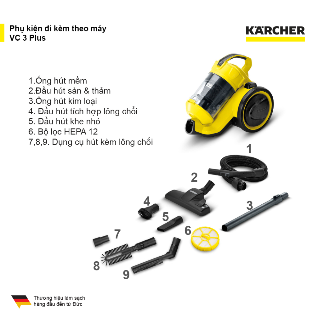 Máy hút bụi khô không dùng túi lọc bụi Karcher VC 3 Plus công suất 1100w màu vàng - bảo hành 18 tháng