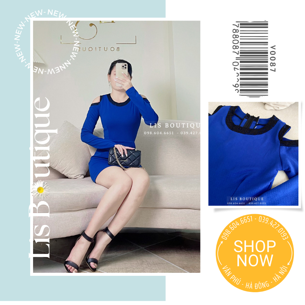 Đầm dự tiệc, váy sexy sang chảnh, váy kiểu, đầm hở vai, màu xanh navy Lis Boutique - V0087