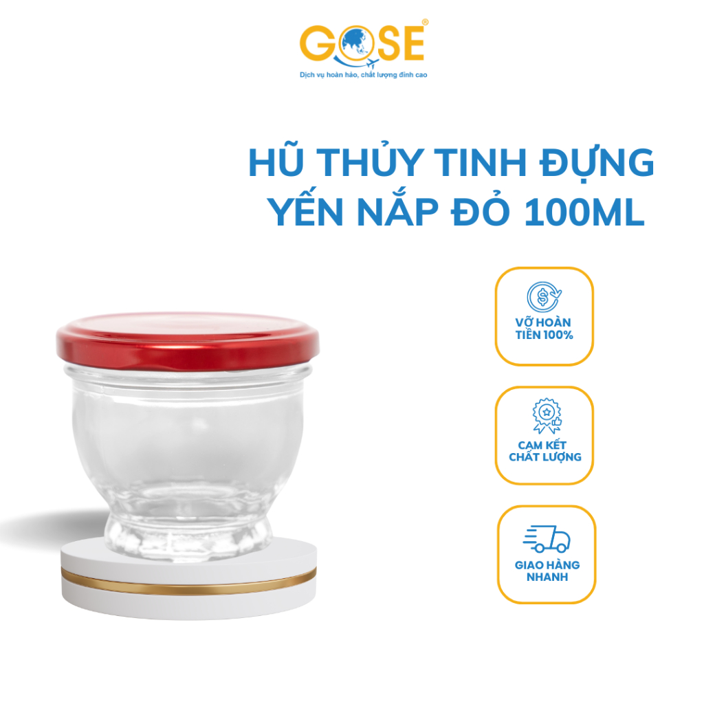 Hũ chưng yến bé sen lùn thủy tinh GOSE 100ml nắp đỏ đựng sữa chua, thực phẩm