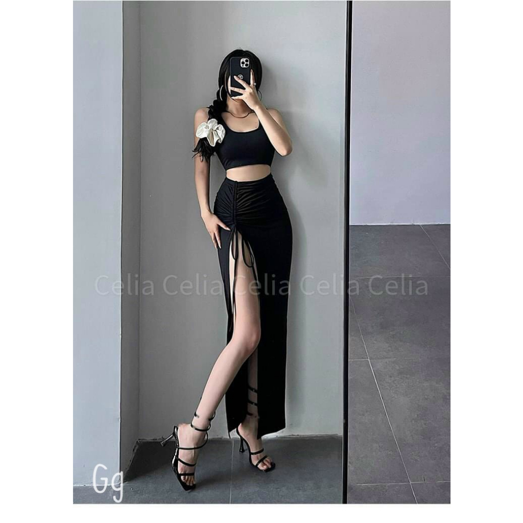 Sét bộ áo 2 dây cổ U croptop phối chân váy dài xẻ tà rút dây 1 bên cực sexy , chất thun gân mềm mịn dày dặn