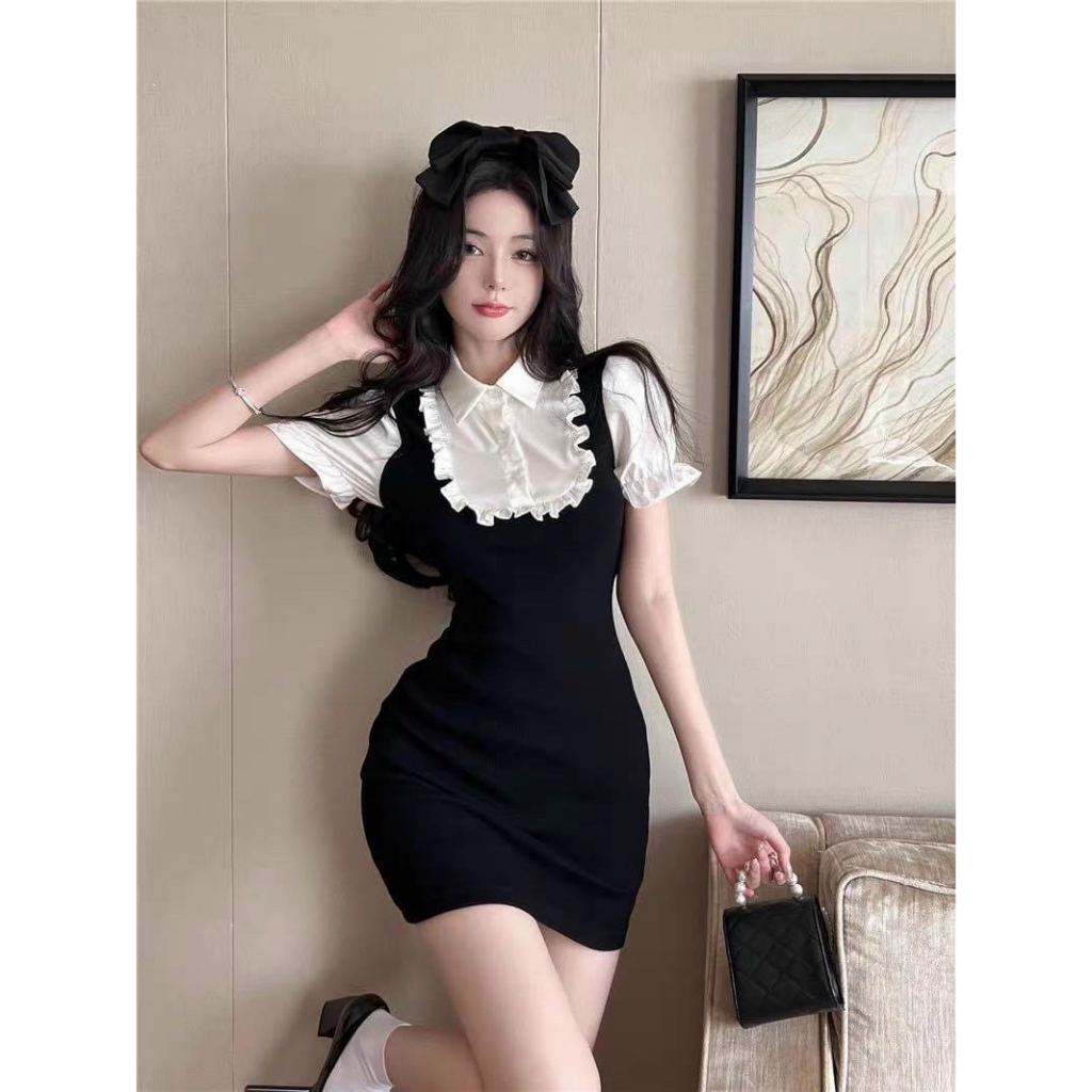 Đầm kiểu phối 2 màu đen trắng trên sơ mi dưới gân ôm body hot hit lt