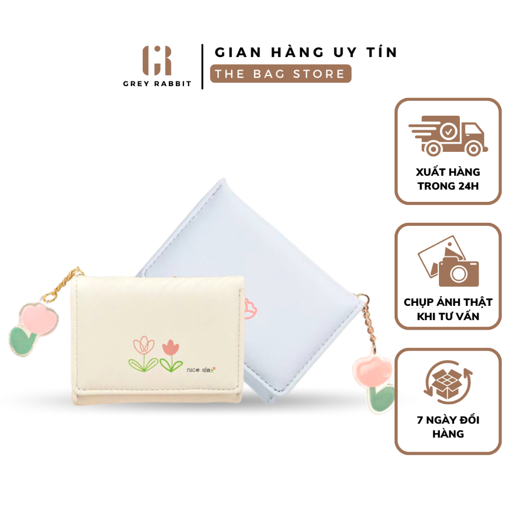 Ví nữ ngắn mini in hình hoa tulip thời trang Ví đựng tiền cầm tay gấp gọn chất liệu da PU đựng tiền đựng thẻ