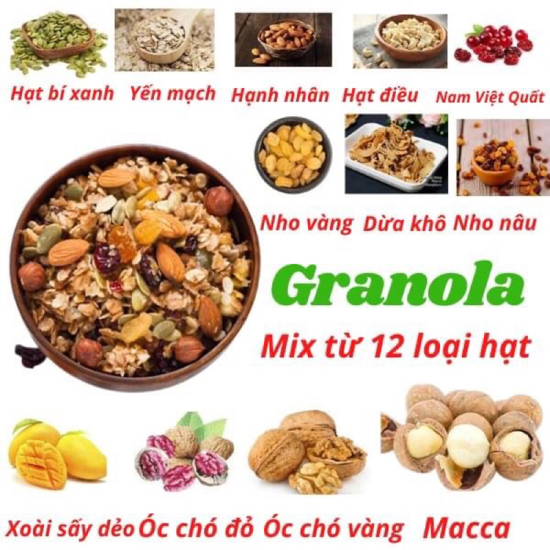 Granola siêu hạt - Hạt ngũ cốc Granola giảm cân - Ngũ cốc Granola ăn kiêng giàu dinh dưỡng thơm ngon mix 12 loại hạt