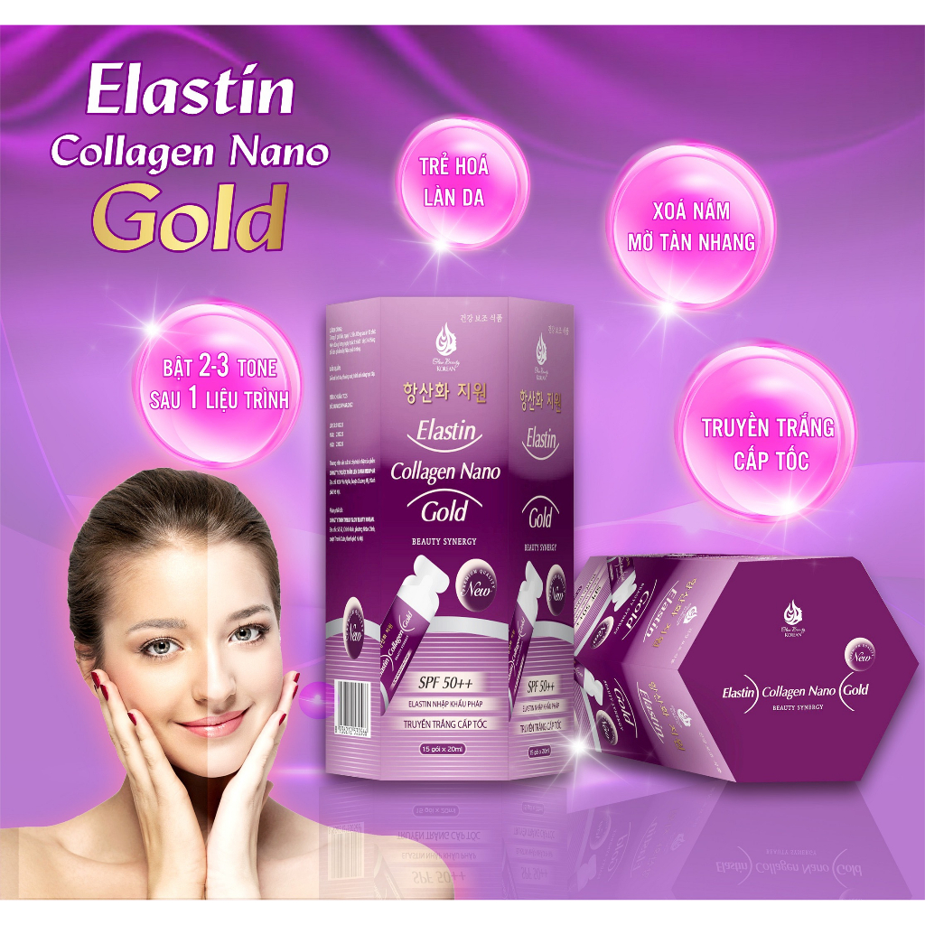 Elastin Collagen Nano Gold Trắng Da Cấp Tốc Giảm Nám Mờ Thâm Nhăn Căng Bóng Tăng Sinh Lý Nữ