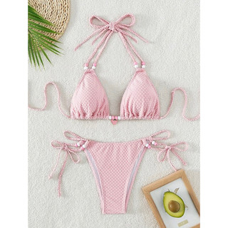 Bộ bikini nữ charm dâu tây màu trơn