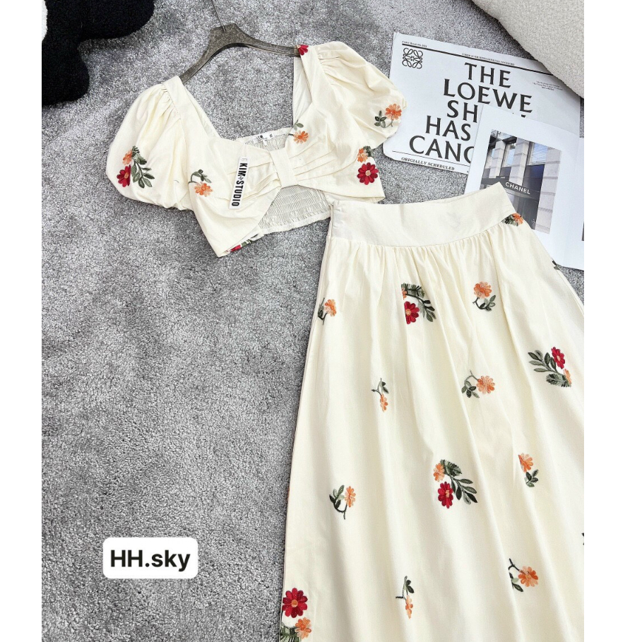 Set áo tay bồng mix chân váy dài, váy maxi đi biển hoa nhí