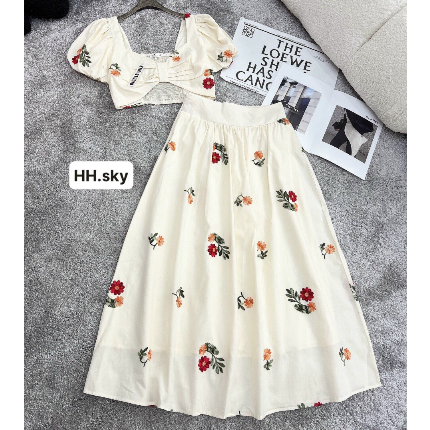 Set áo tay bồng mix chân váy dài, váy maxi đi biển hoa nhí