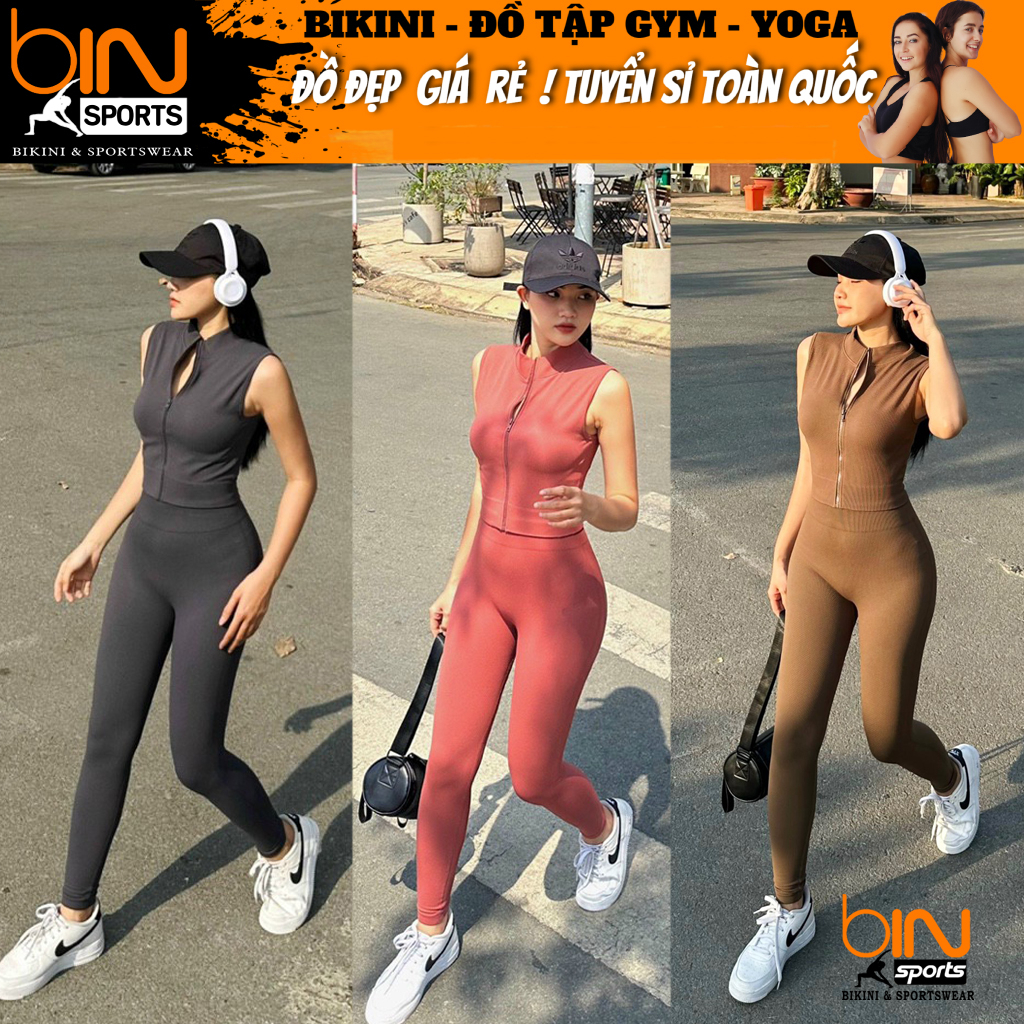Bộ đồ tập gym yoga aerobic thể thao nữ áo croptop và quần dài chun mông chất liệu thun dệt kim BINSPORTS BD228