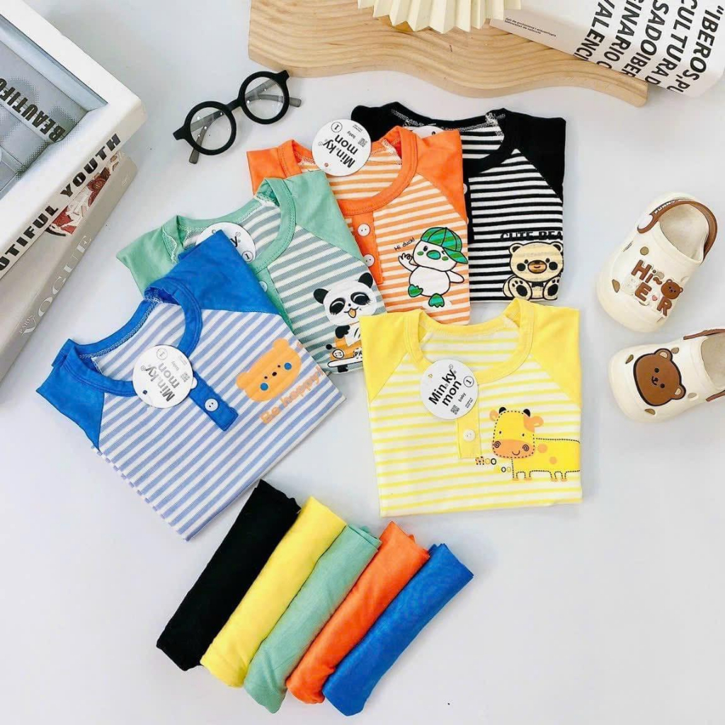 Bộ Cộc Tay MinKy Mom Cúc Cổ Giáp Lăng Kẻ In Hình Ngực Thun Lạnh Quần Trơn Cho Bé (SR)