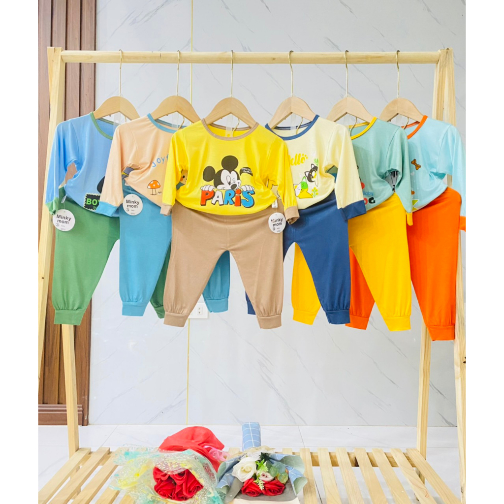 Bộ Dài Tay MinKy Mom Viền Cổ Áo Màu In Hình Quần Trơn Thun Lạnh Cho Bé