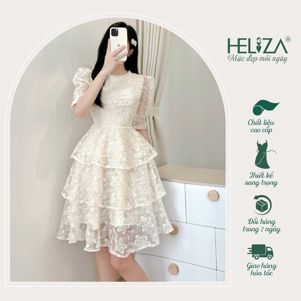 Đầm Ren xòe tiểu thư phối vân hoa nhiều tầng, 2 lớp Heliza Fashion SP2049