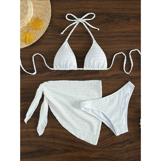 Bộ bikini nữ ba món màu trơn vải nổi