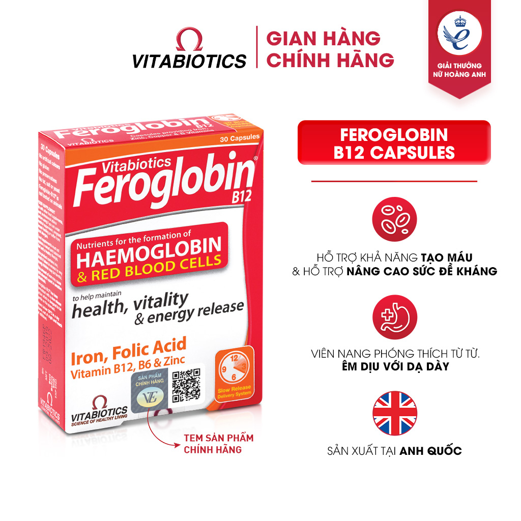 Viên Uống Bổ Máu Vitabiotics FEROGLOBIN B12 Cung Cấp Sắt Hỗ Trợ Tăng Khả