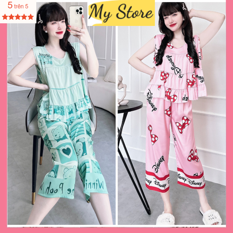 Bộ quần lửng Pyjama nữ, đồ mặc nhà tay ngắn dễ thương vải lụa Latin thiết kế mịn mát freesize dưới 62kg