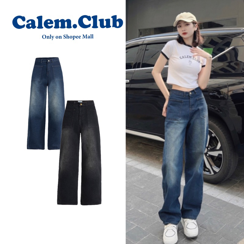 Quần Jean Dài 2 túi Cạp cao brand Calem.Club - Quần jean dài form nữ ống rộng