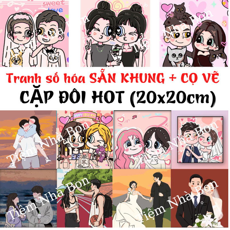 Tranh tô màu theo số CẶP ĐÔI đáng yêu size 20x20cm, Tranh sơn dầu tô màu theo số đã căng sẵn khung