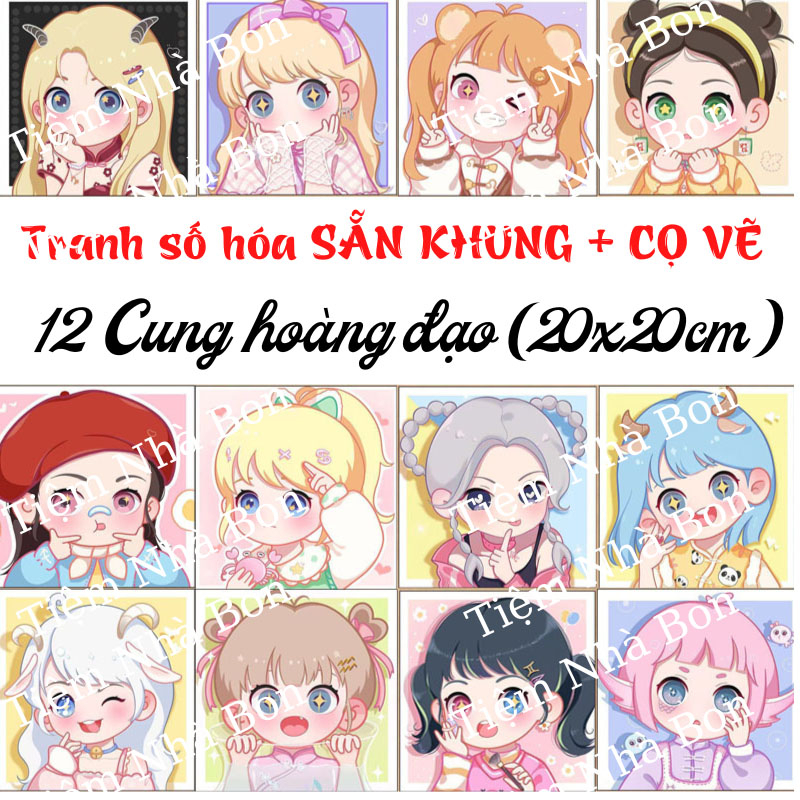 Tranh sơn dầu tô màu theo số 12 cung hoàng đạo cute, Tranh số hóa tự tô màu sẵn khung và cọ vẽ