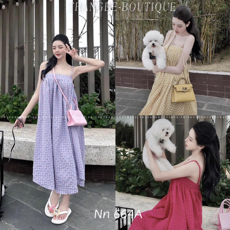 Váy 2 dây dáng suông quai tết kẻ ô mai phương bùi kèm ảnh thật shop chụp