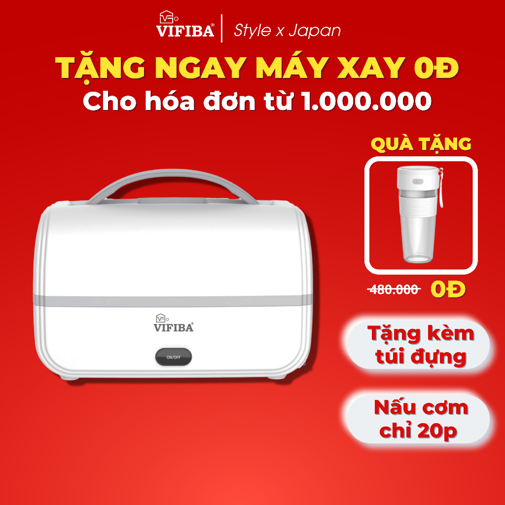 Hộp Cơm Cắm Điện Văn Phòng 2in1 VIFIBA, Hộp Mang Cơm Chức Năng Tự Nấu Chín, Giữ Nhiệt, Hâm Nóng, Có Tay Cầm