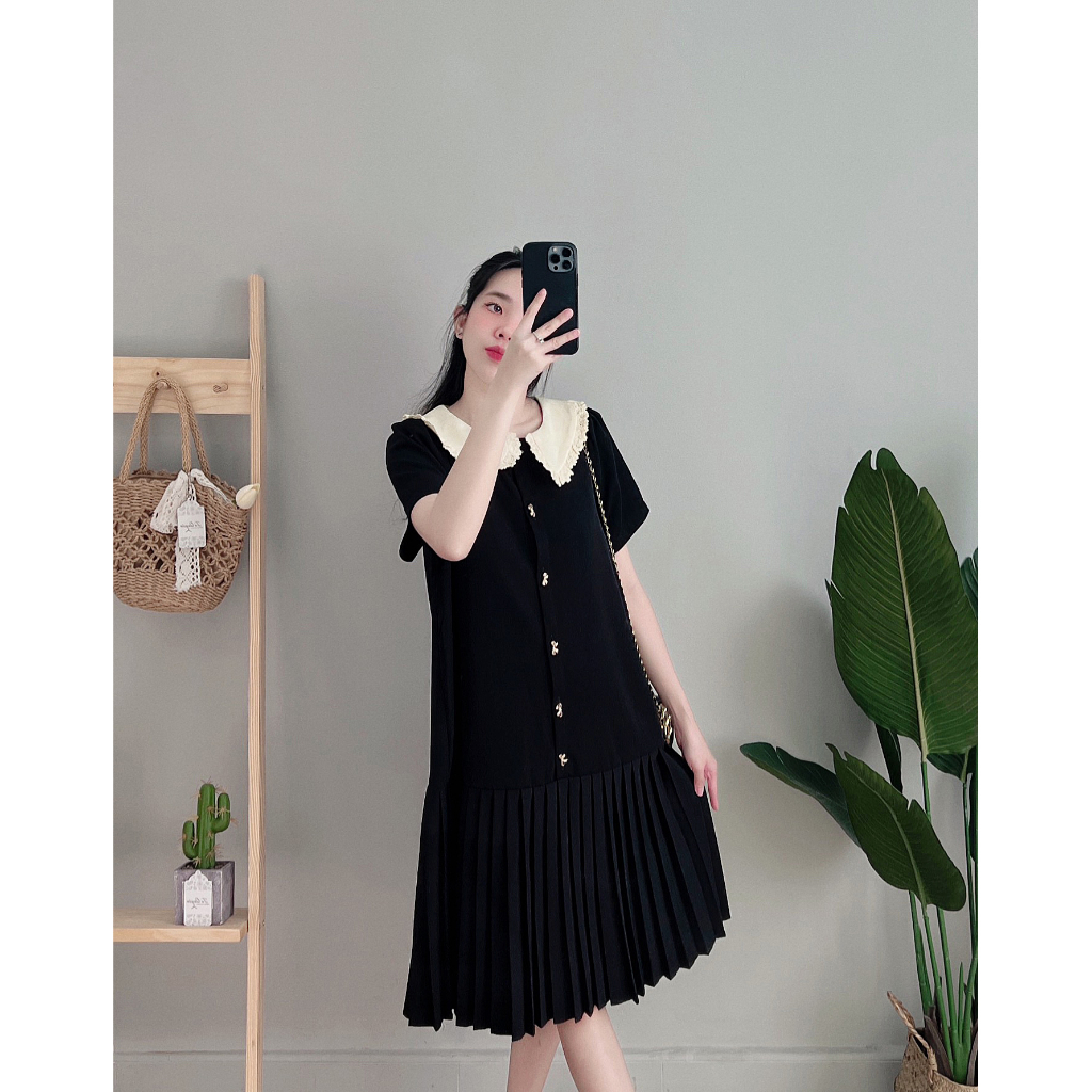 VÁY SUÔNG CỔ TRONG CÓ CỔ PHỐI REN TAY NGẮN CÚC NƠ