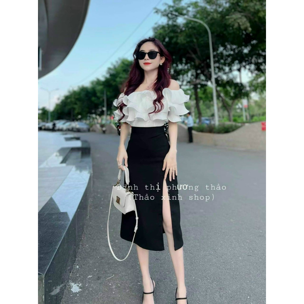Set chân váy xẻ tà tôn dáng mix áo trễ vai lai bèo xinh xắn, đáng yêu [342]