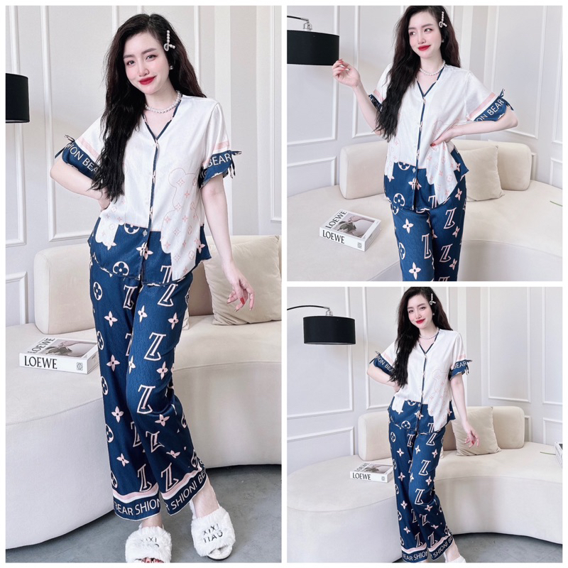 SP_74 Đồ bộ pijama BOLOBALA áo cổ V, tay áo xẻ đính nơ quần dài lụa xước nhiều hoạ tiết, mẫu mới cực sang